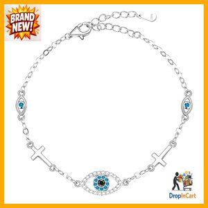 Sterling Silver Evil Eye Bracelet Dainty Adjustable Chain Lobster Clasp Jewelry